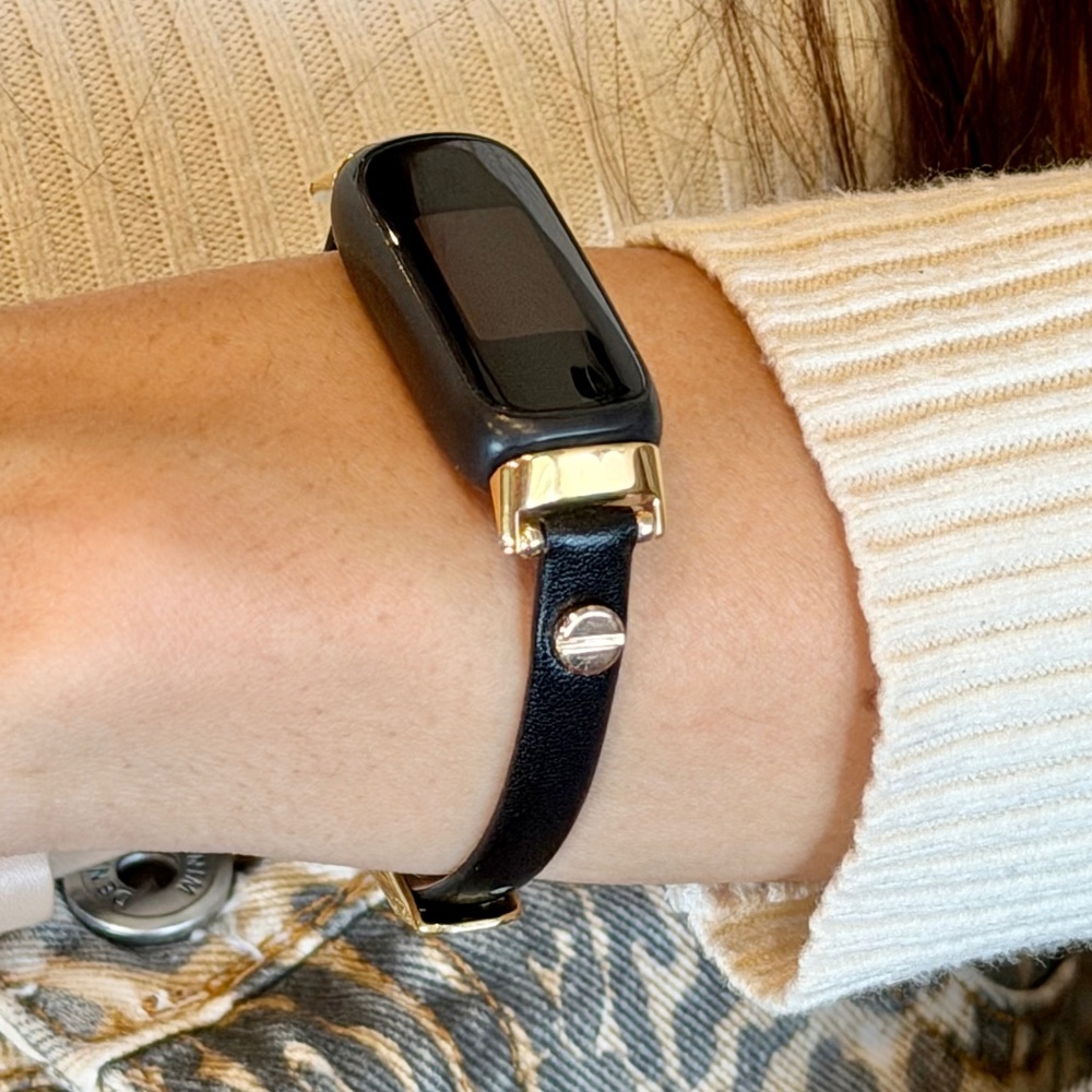 Black Leather Fitbit Inspire 3 Band Gold Accent Bracelet Women Slim Strap